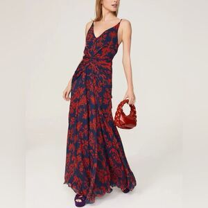 Andres Otalora Printed Chiffon Tie Back Red & Blue Gown, Size 0, NWT